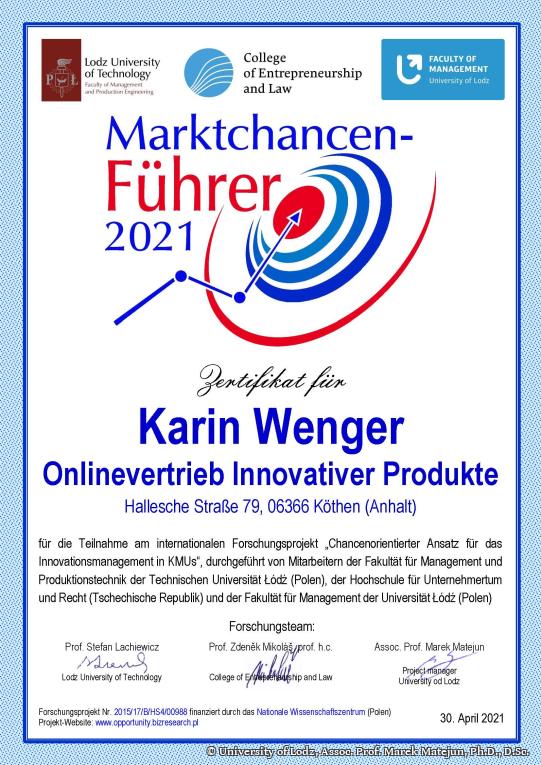 Urkunde MarktchancenFührer 2021, Department of Entrepreneurship and Industrial Policy, Faculty of Management, University of Lodz